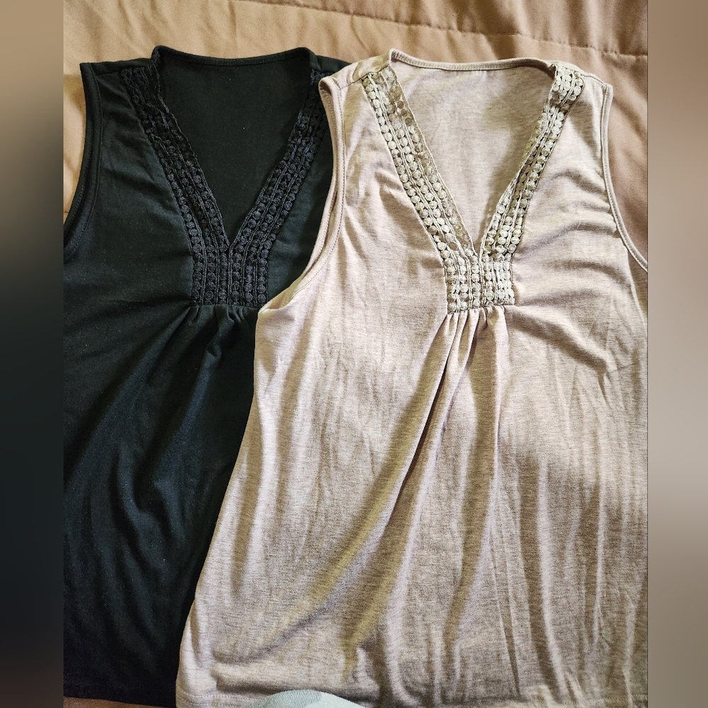 Two size large womens v-neck tank tops,  one black and one lt brown